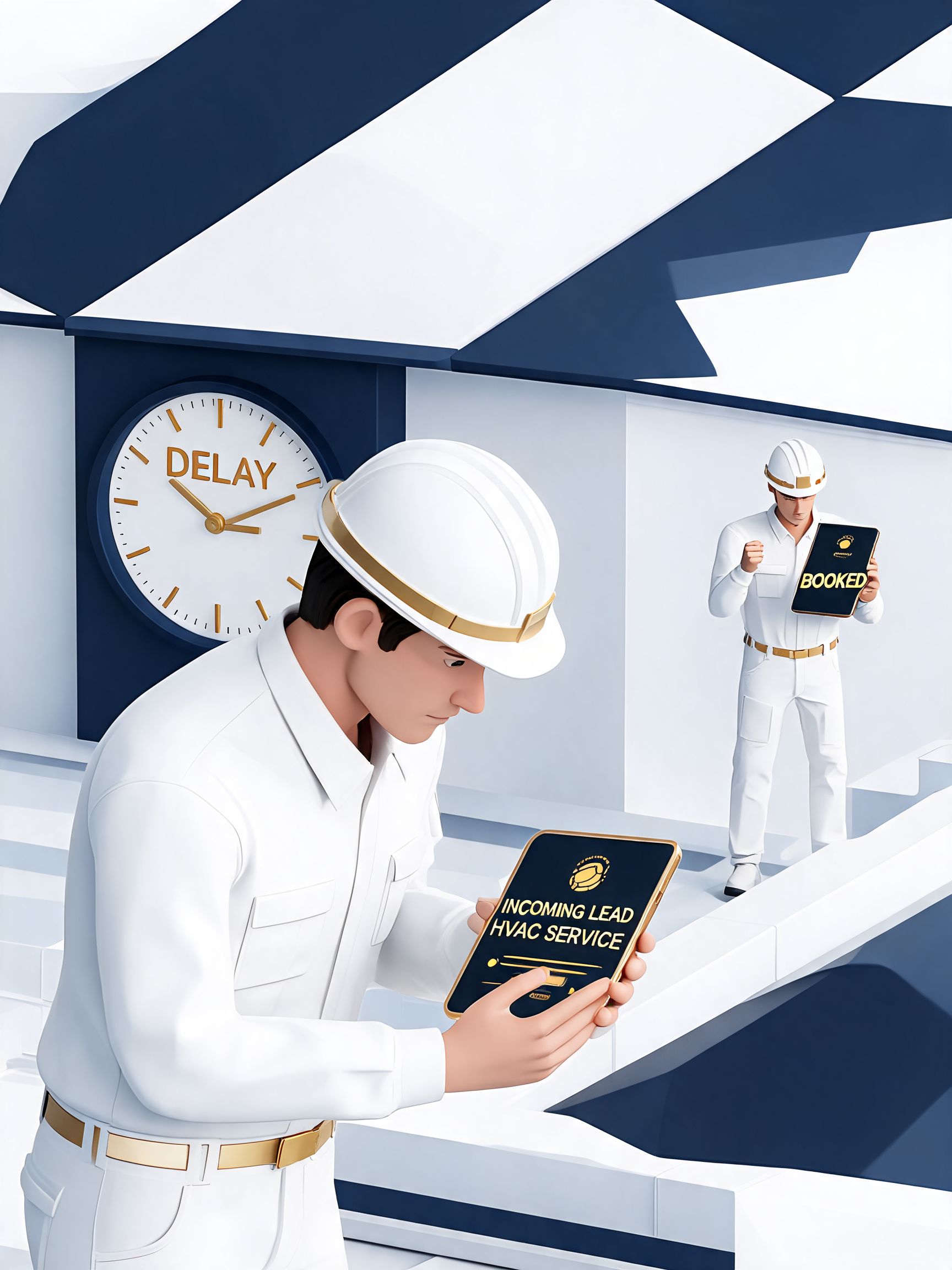 An HVAC technician reading a new lead on a tablet while a wall clock reads Delay, as a competitor marks the job Booked.