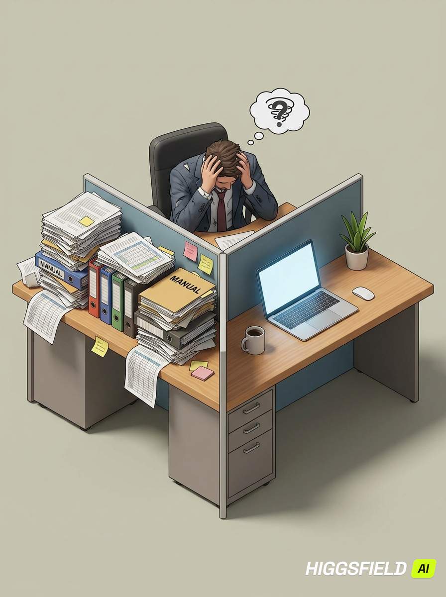 A contractor at a desk buried in paperwork, binders and spreadsheets, head in hands.